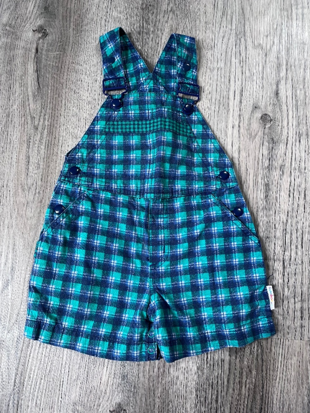 Gymboree Vintage Rainbow Tag Shortalls Size XS blue green checkered print cotton
